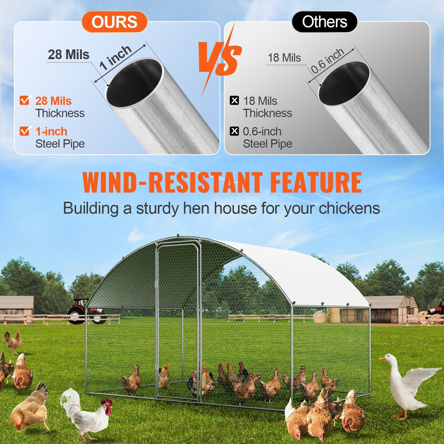 Chicken Coop, 9.8x6.5x6.5ft Walk-in Large Metal Chicken Run for Yard with Waterproof Cover, Doom Roof Hen V952-BRSJP2X3X2MYGZ1GPV0