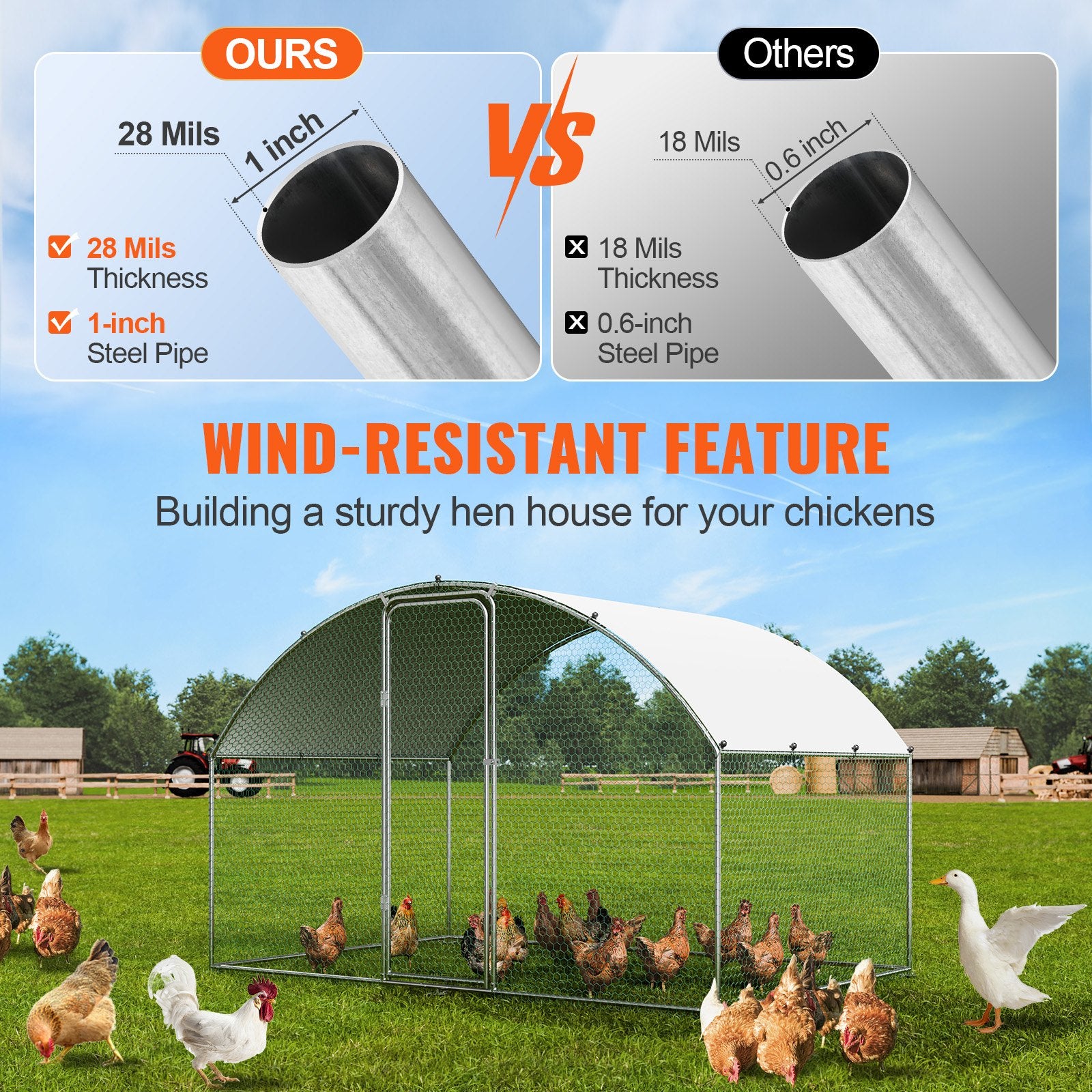 Chicken Coop, 9.8x6.5x6.5ft Walk-in Large Metal Chicken Run for Yard with Waterproof Cover, Doom Roof Hen V952-BRSJP2X3X2MYGZ1GPV0