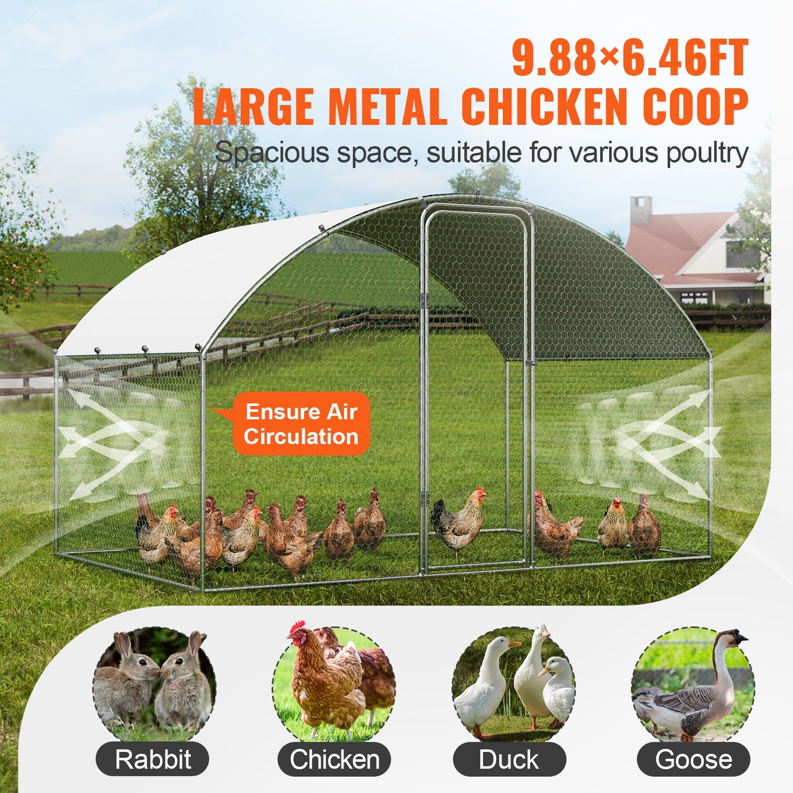 Chicken Coop, 9.8x6.5x6.5ft Walk-in Large Metal Chicken Run for Yard with Waterproof Cover, Doom Roof Hen V952-BRSJP2X3X2MYGZ1GPV0