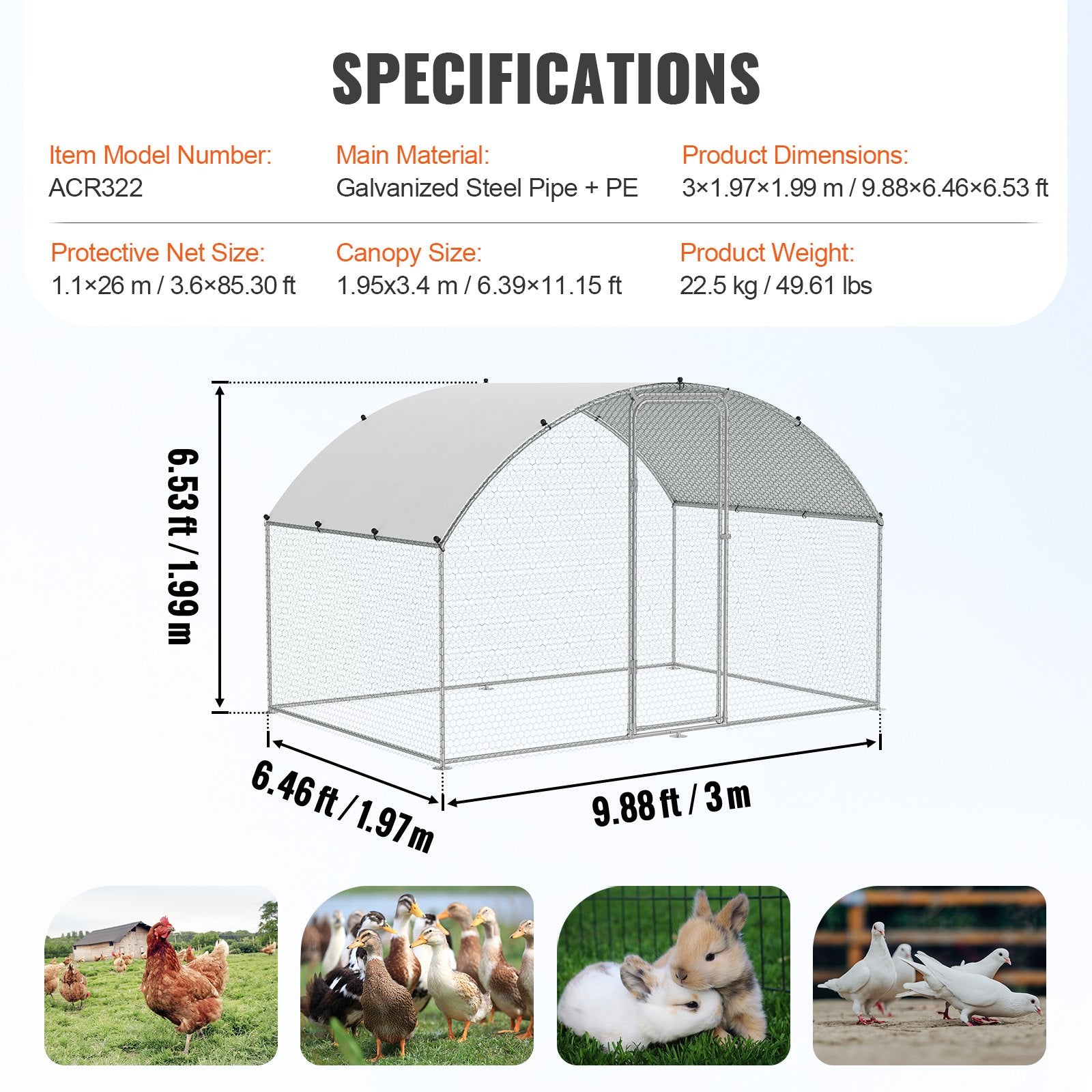 Chicken Coop, 9.8x6.5x6.5ft Walk-in Large Metal Chicken Run for Yard with Waterproof Cover, Doom Roof Hen V952-BRSJP2X3X2MYGZ1GPV0
