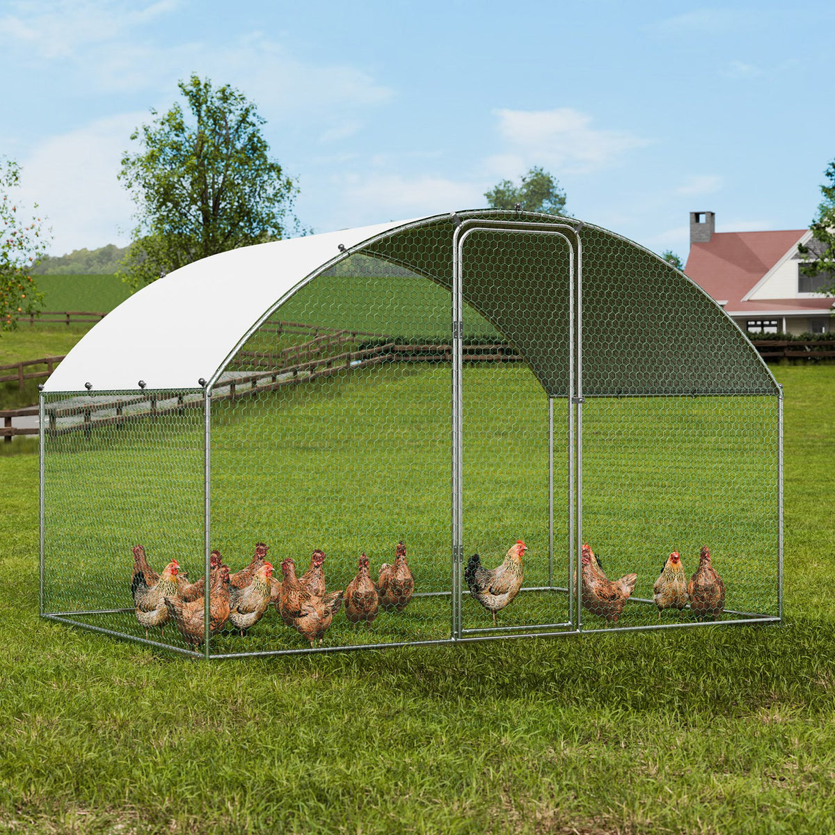 Chicken Coop, 9.8x6.5x6.5ft Walk-in Large Metal Chicken Run for Yard with Waterproof Cover, Doom Roof Hen V952-BRSJP2X3X2MYGZ1GPV0