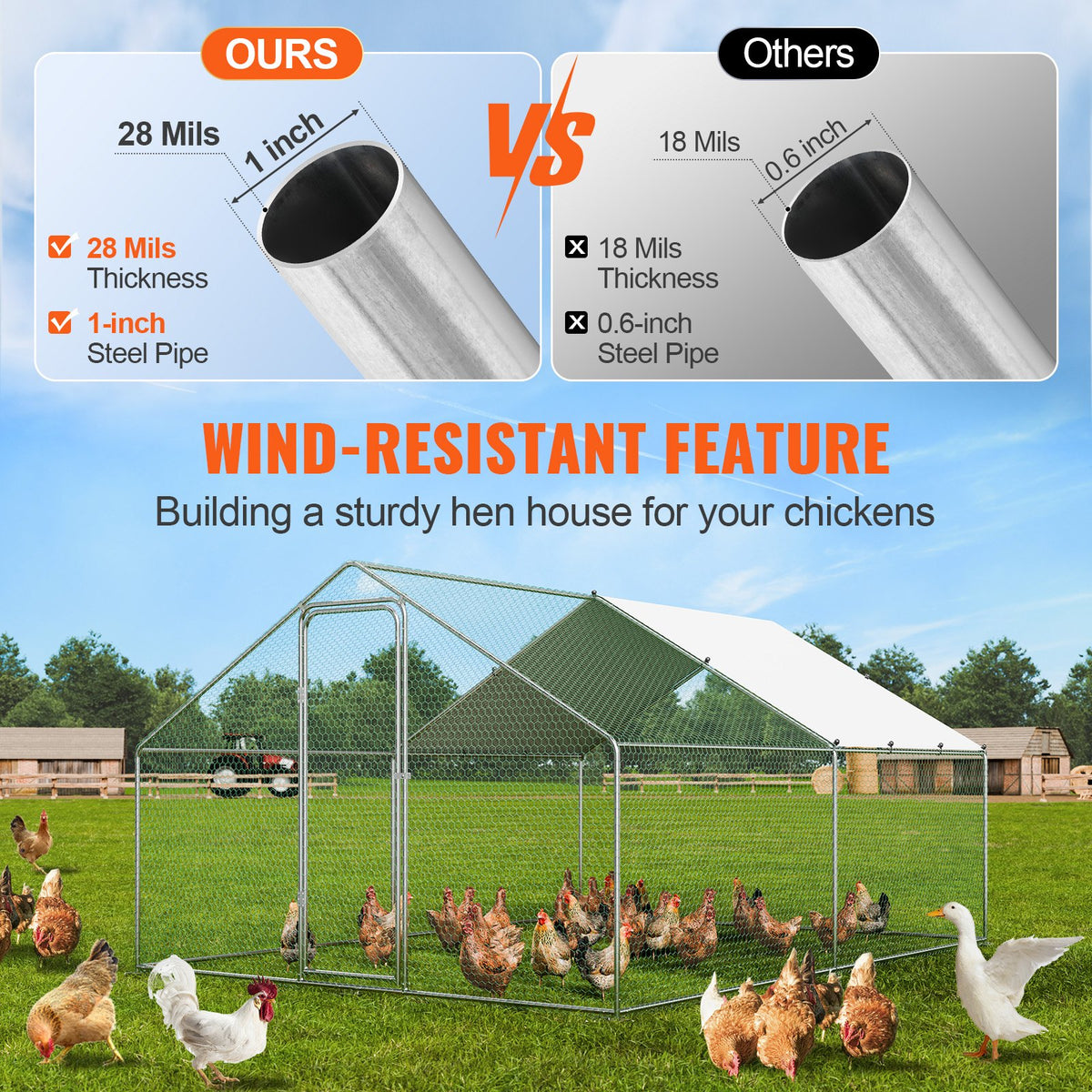 Large Metal Chicken Coop, 3x3.93x1.99 m Walk-in Chicken Runs for Yard with Cover, Spire Roof Hen House with V952-BRSJP4X3X2MJBQGL6V0
