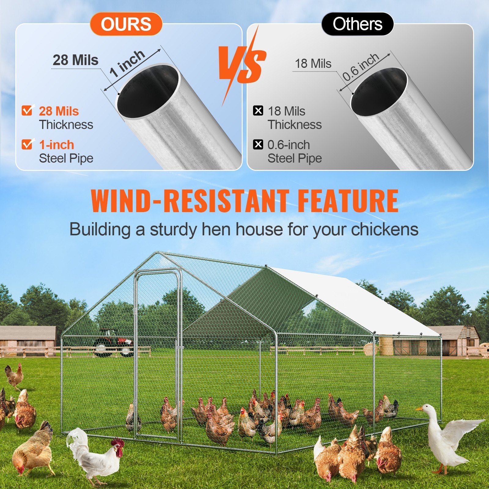 Large Metal Chicken Coop, 3x3.93x1.99 m Walk-in Chicken Runs for Yard with Cover, Spire Roof Hen House with V952-BRSJP4X3X2MJBQGL6V0