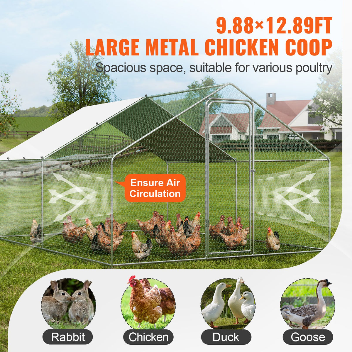 Large Metal Chicken Coop, 3x3.93x1.99 m Walk-in Chicken Runs for Yard with Cover, Spire Roof Hen House with V952-BRSJP4X3X2MJBQGL6V0