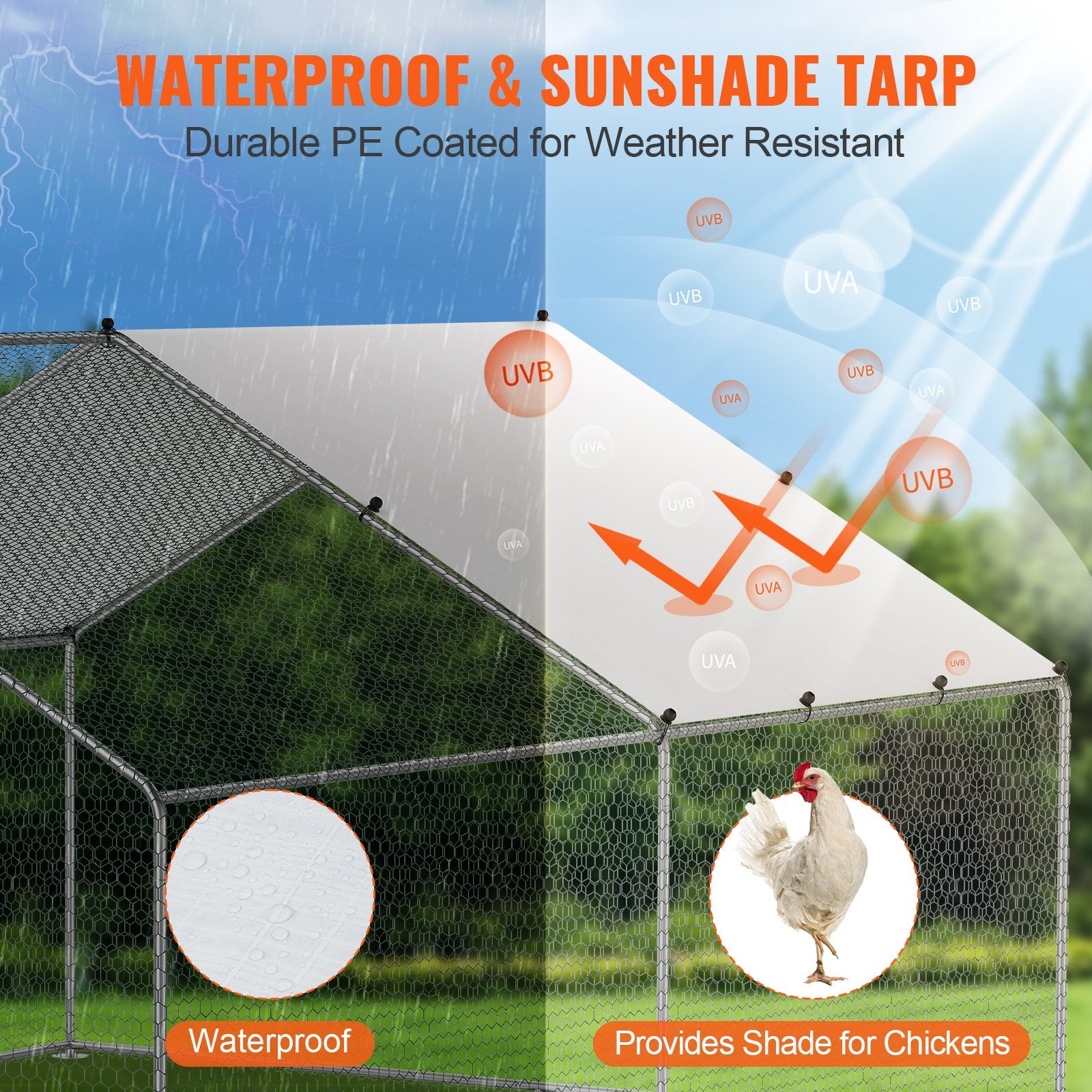 Large Metal Chicken Coop, 3x3.93x1.99 m Walk-in Chicken Runs for Yard with Cover, Spire Roof Hen House with V952-BRSJP4X3X2MJBQGL6V0