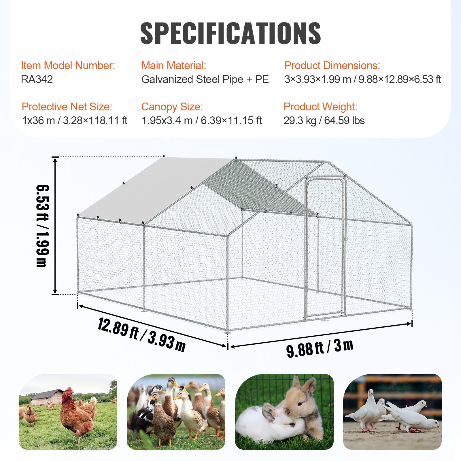 Large Metal Chicken Coop, 3x3.93x1.99 m Walk-in Chicken Runs for Yard with Cover, Spire Roof Hen House with V952-BRSJP4X3X2MJBQGL6V0