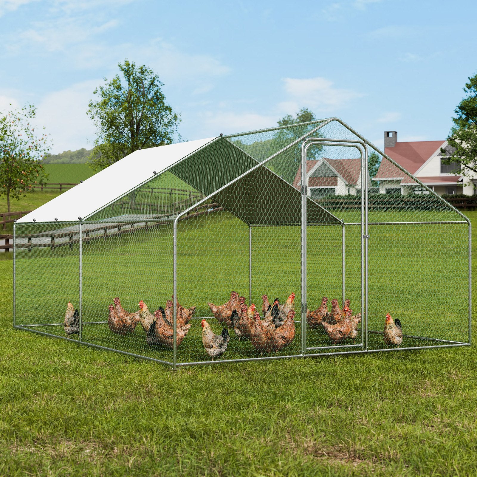 Large Metal Chicken Coop, 3x3.93x1.99 m Walk-in Chicken Runs for Yard with Cover, Spire Roof Hen House with V952-BRSJP4X3X2MJBQGL6V0