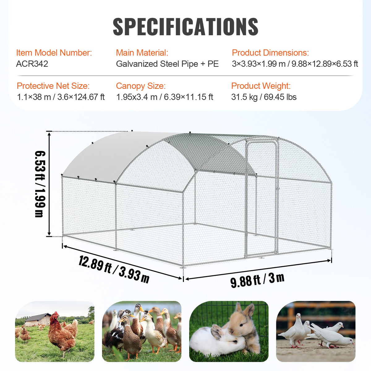 Large Metal Chicken Coop, 9.8x12.9x6.5 ft Walk in Chicken Run for Yard with Waterproof Cover, Doom Roof Hen V952-BRSJP4X3X2MYTLHA4V0