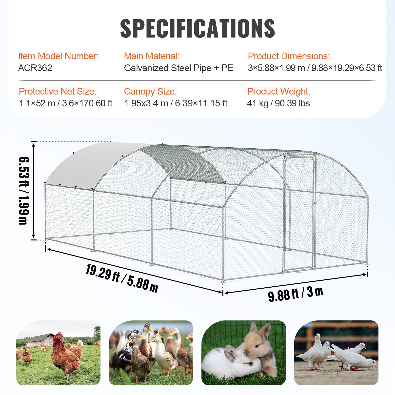 Large Metal Chicken Coop with Run, 9.8x19.3x6.5 ft Walk-in Chicken Runs for Yard with Cover, Doom Roof Hen V952-BRSJP6X3X2MY7DRCKV0