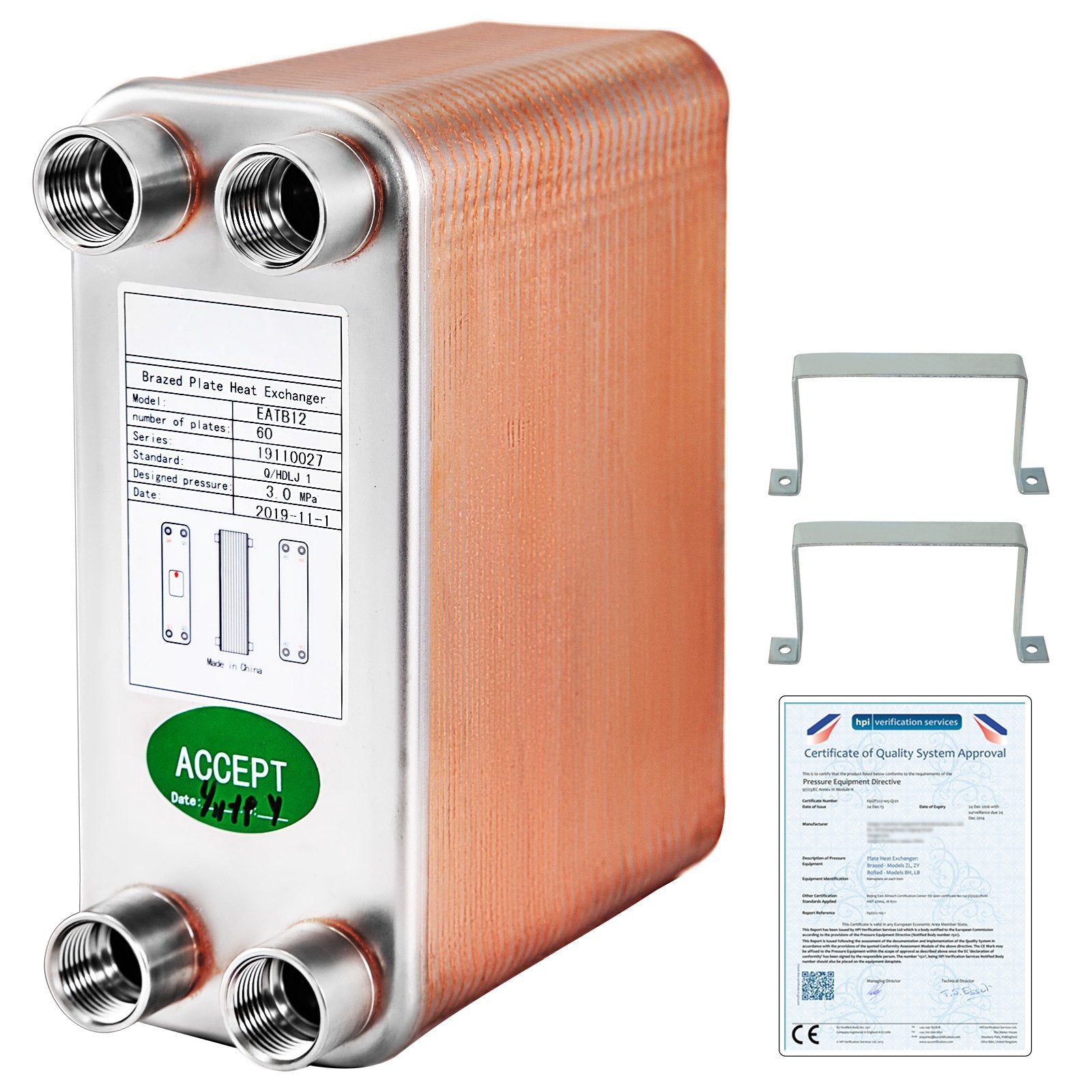 Heat Exchanger 3"x7.5" 60 Plates Brazed Plate Heat Exchanger 316L 1/2" BSP FPT Heat Exchanger EATB12 Beer V952-BSHRQ1260FB12G601V0