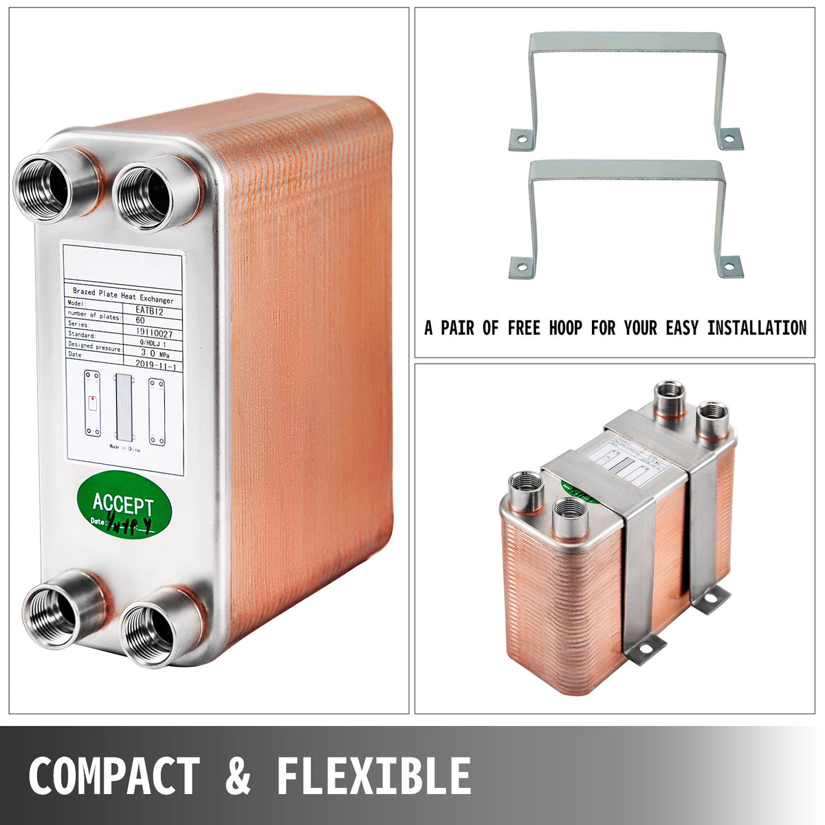Heat Exchanger 3"x7.5" 60 Plates Brazed Plate Heat Exchanger 316L 1/2" BSP FPT Heat Exchanger EATB12 Beer V952-BSHRQ1260FB12G601V0