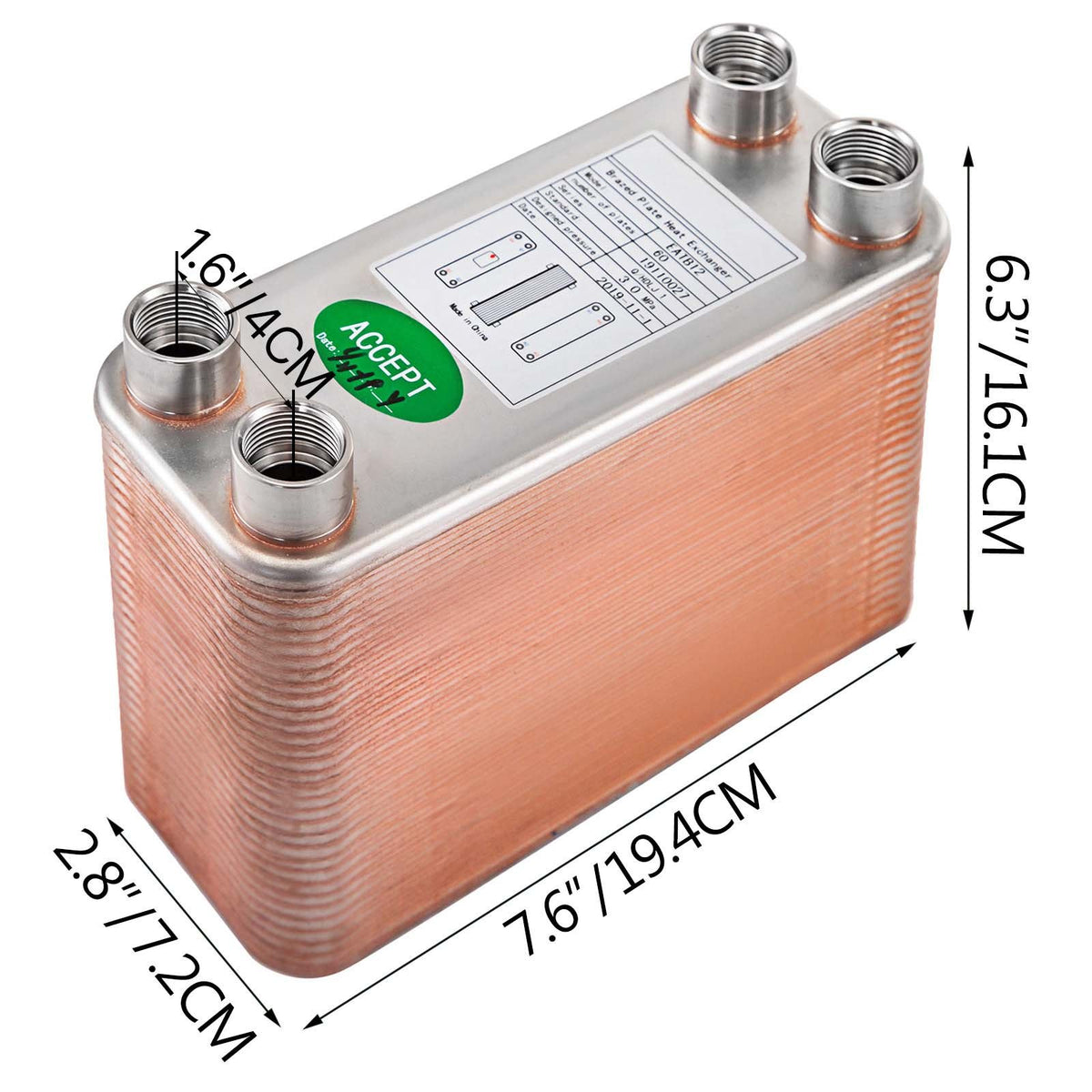 Heat Exchanger 3"x7.5" 60 Plates Brazed Plate Heat Exchanger 316L 1/2" BSP FPT Heat Exchanger EATB12 Beer V952-BSHRQ1260FB12G601V0