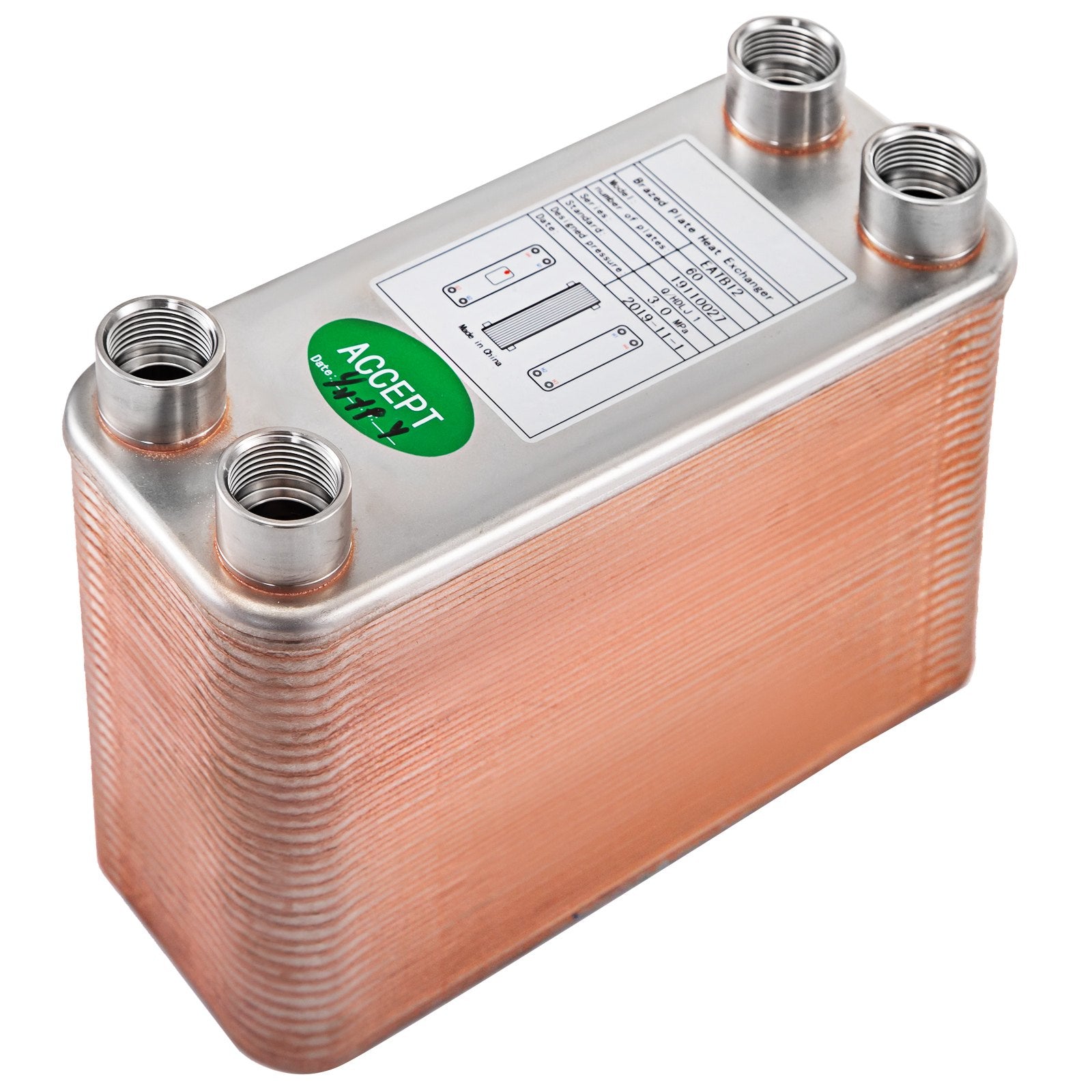 Heat Exchanger 3"x7.5" 60 Plates Brazed Plate Heat Exchanger 316L 1/2" BSP FPT Heat Exchanger EATB12 Beer V952-BSHRQ1260FB12G601V0