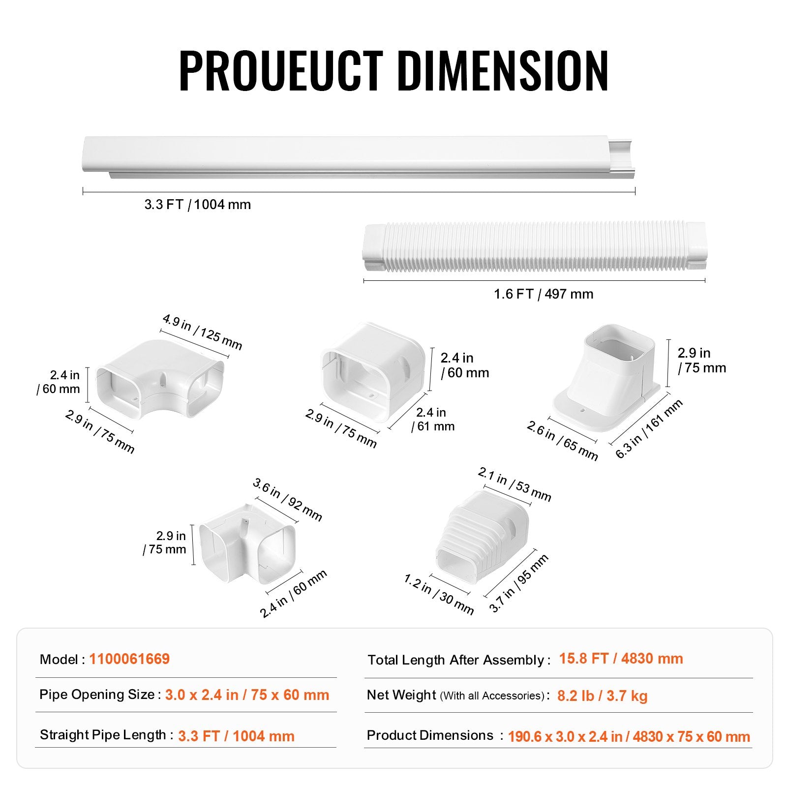 Mini Split Line Set Cover 76.2mm W 4830mm L, PVC Decorative Pipe Line Cover For Air Conditioner with 4 V952-BSKSQFTSKDGX6NH9BV0