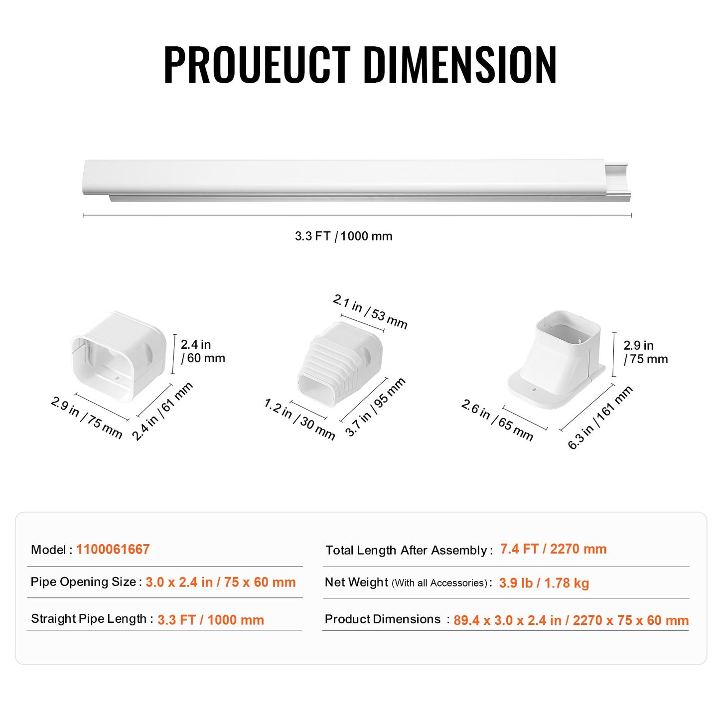 Mini Split Line Set Cover 76.2mm W 2270mm L, PVC Decorative Pipe Line Cover For Air Conditioner with 2 V952-BSKSQFTSKDGXVBQRUV0