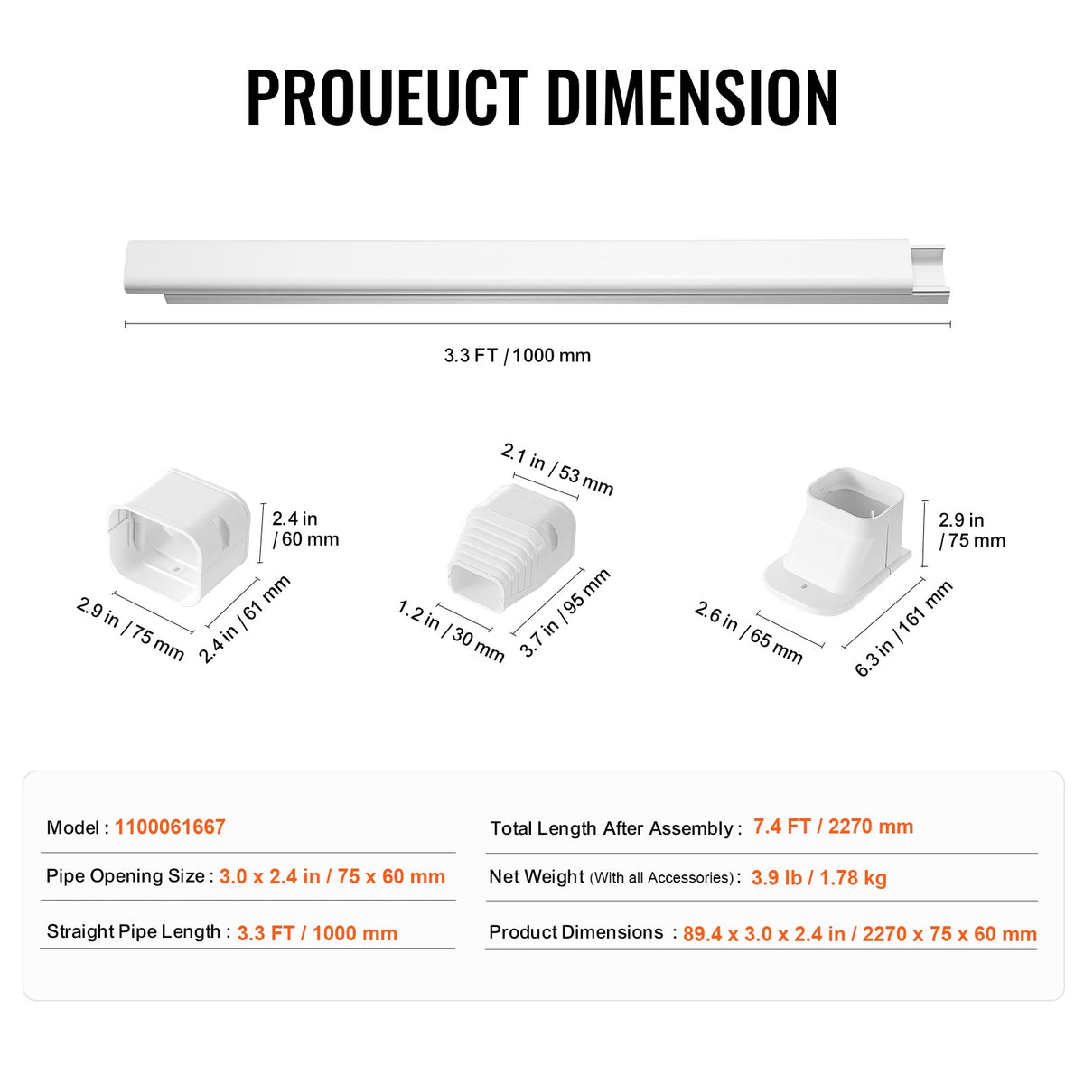 Mini Split Line Set Cover 76.2mm W 2270mm L, PVC Decorative Pipe Line Cover For Air Conditioner with 2 V952-BSKSQFTSKDGXVBQRUV0