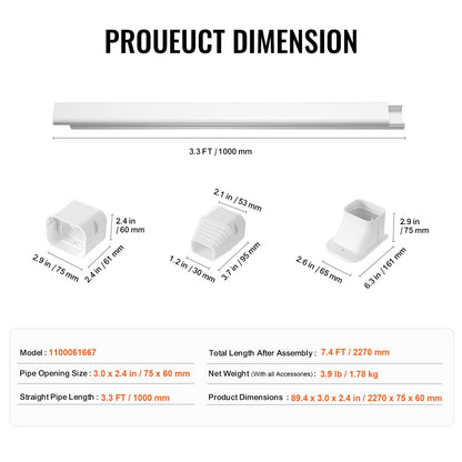 Mini Split Line Set Cover 76.2mm W 2270mm L, PVC Decorative Pipe Line Cover For Air Conditioner with 2 V952-BSKSQFTSKDGXVBQRUV0