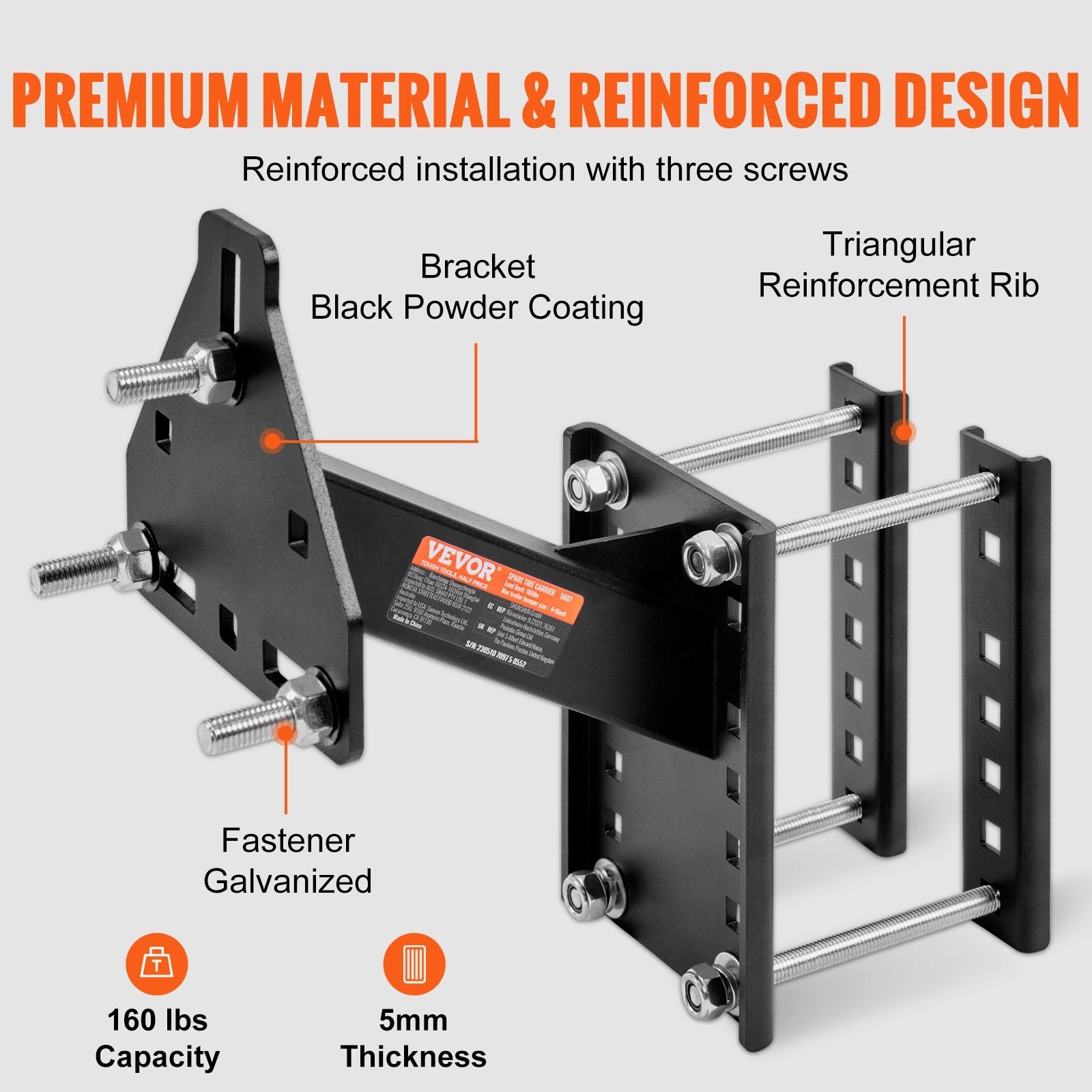 Spare Tire Carrier, Trailer Spare Tire Mount, 160 lbs Capacity, Utility Trailer Accessories Fits Most 4 & 5 & V952-BTCFJLS160LBS14F0V0