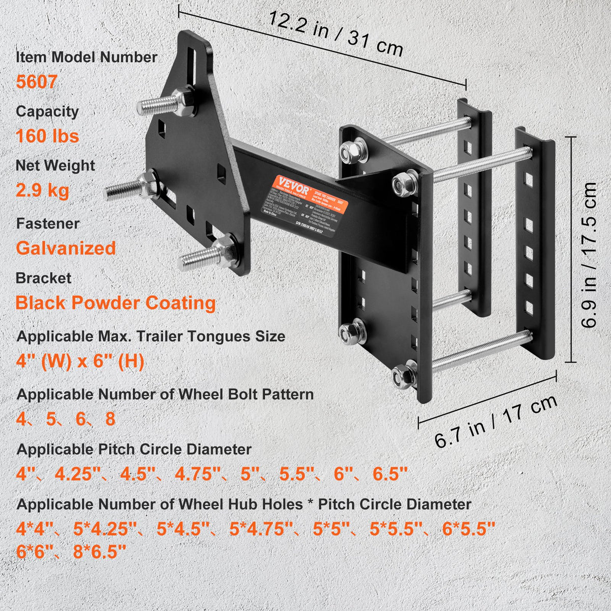 Spare Tire Carrier, Trailer Spare Tire Mount, 160 lbs Capacity, Utility Trailer Accessories Fits Most 4 & 5 & V952-BTCFJLS160LBS14F0V0