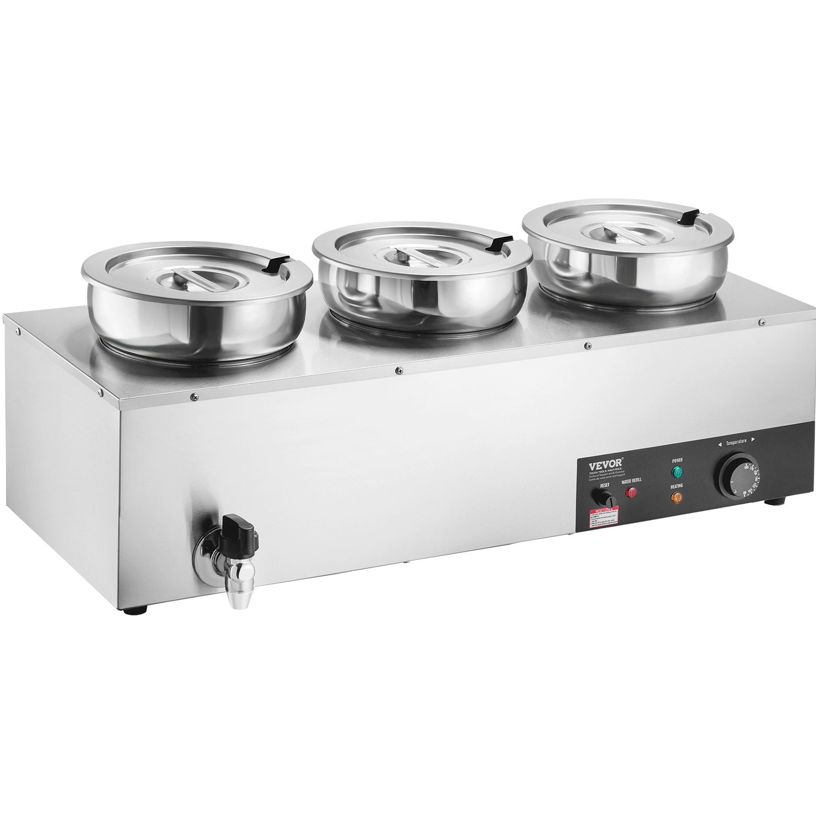 Electric Soup Warmer, Three 7.4QT Stainless Steel Round Pot, 1200W Commercial Food Warmer, 30 - 85 degrees C V952-BW3374QT1200W47W6V3