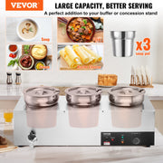 Electric Soup Warmer, Three 7.4QT Stainless Steel Round Pot, 1200W Commercial Food Warmer, 30 - 85 degrees C V952-BW3374QT1200W47W6V3