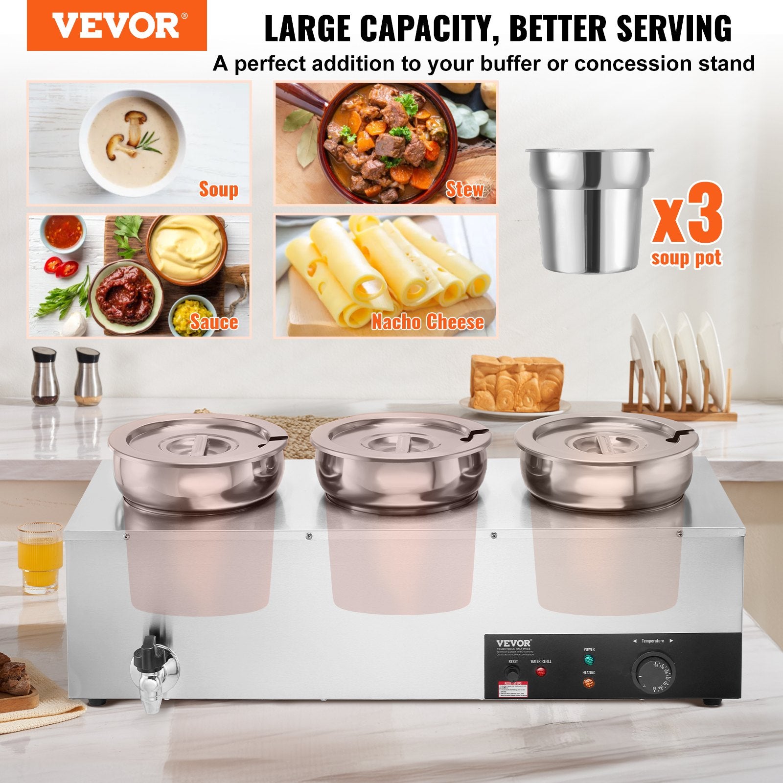 Electric Soup Warmer, Three 7.4QT Stainless Steel Round Pot, 1200W Commercial Food Warmer, 30 - 85 degrees C V952-BW3374QT1200W47W6V3