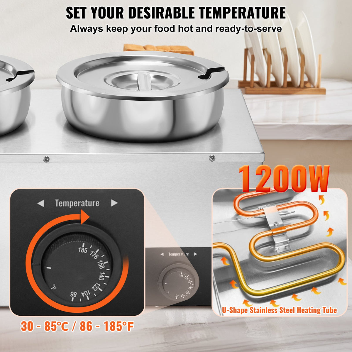 Electric Soup Warmer, Three 7.4QT Stainless Steel Round Pot, 1200W Commercial Food Warmer, 30 - 85 degrees C V952-BW3374QT1200W47W6V3