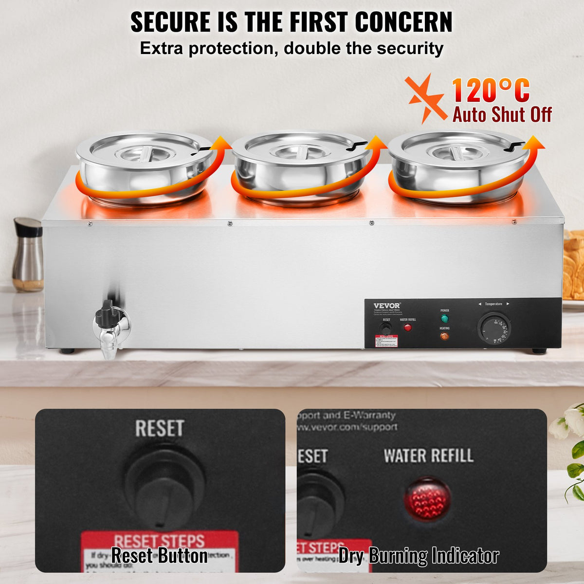 Electric Soup Warmer, Three 7.4QT Stainless Steel Round Pot, 1200W Commercial Food Warmer, 30 - 85 degrees C V952-BW3374QT1200W47W6V3