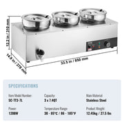 Electric Soup Warmer, Three 7.4QT Stainless Steel Round Pot, 1200W Commercial Food Warmer, 30 - 85 degrees C V952-BW3374QT1200W47W6V3
