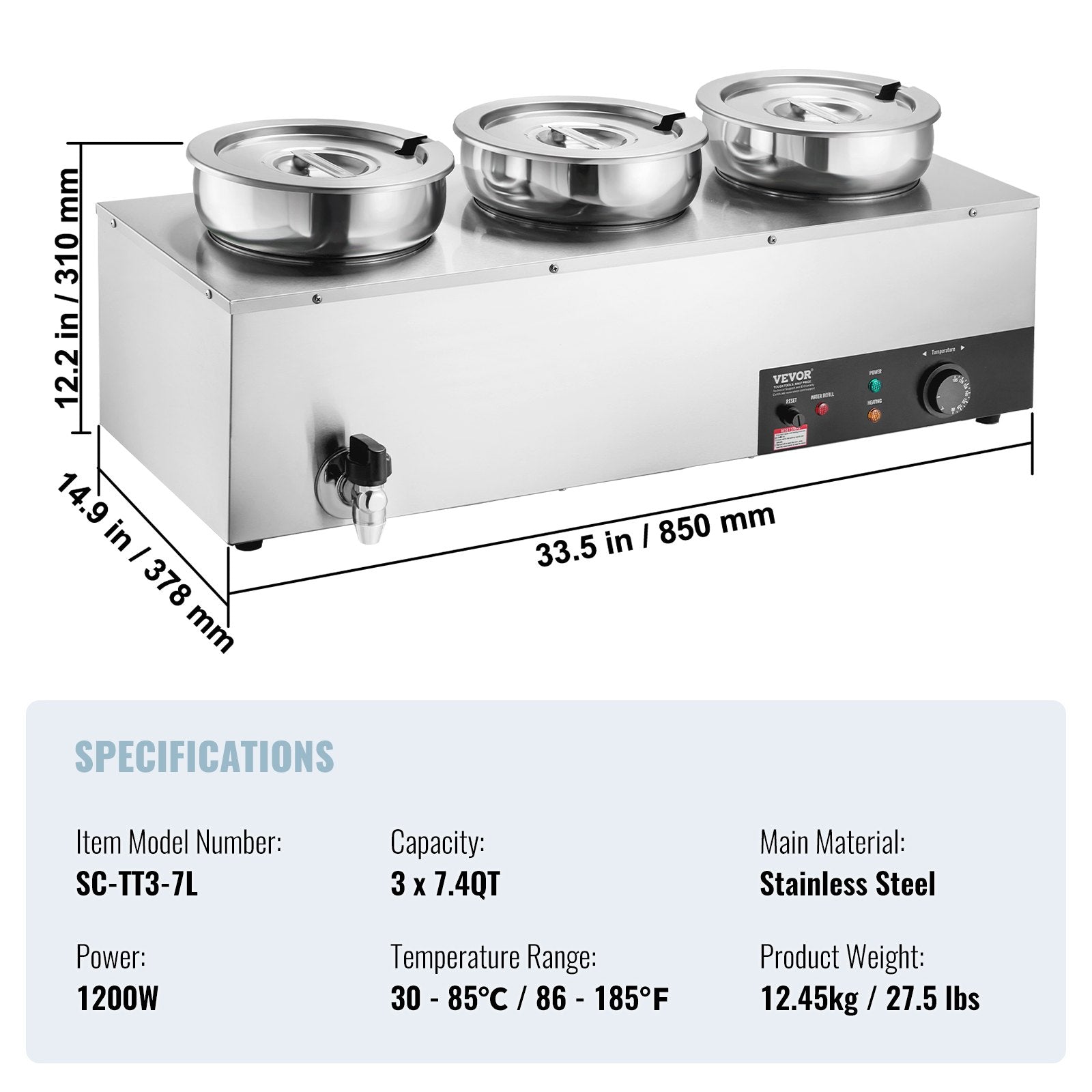 Electric Soup Warmer, Three 7.4QT Stainless Steel Round Pot, 1200W Commercial Food Warmer, 30 - 85 degrees C V952-BW3374QT1200W47W6V3