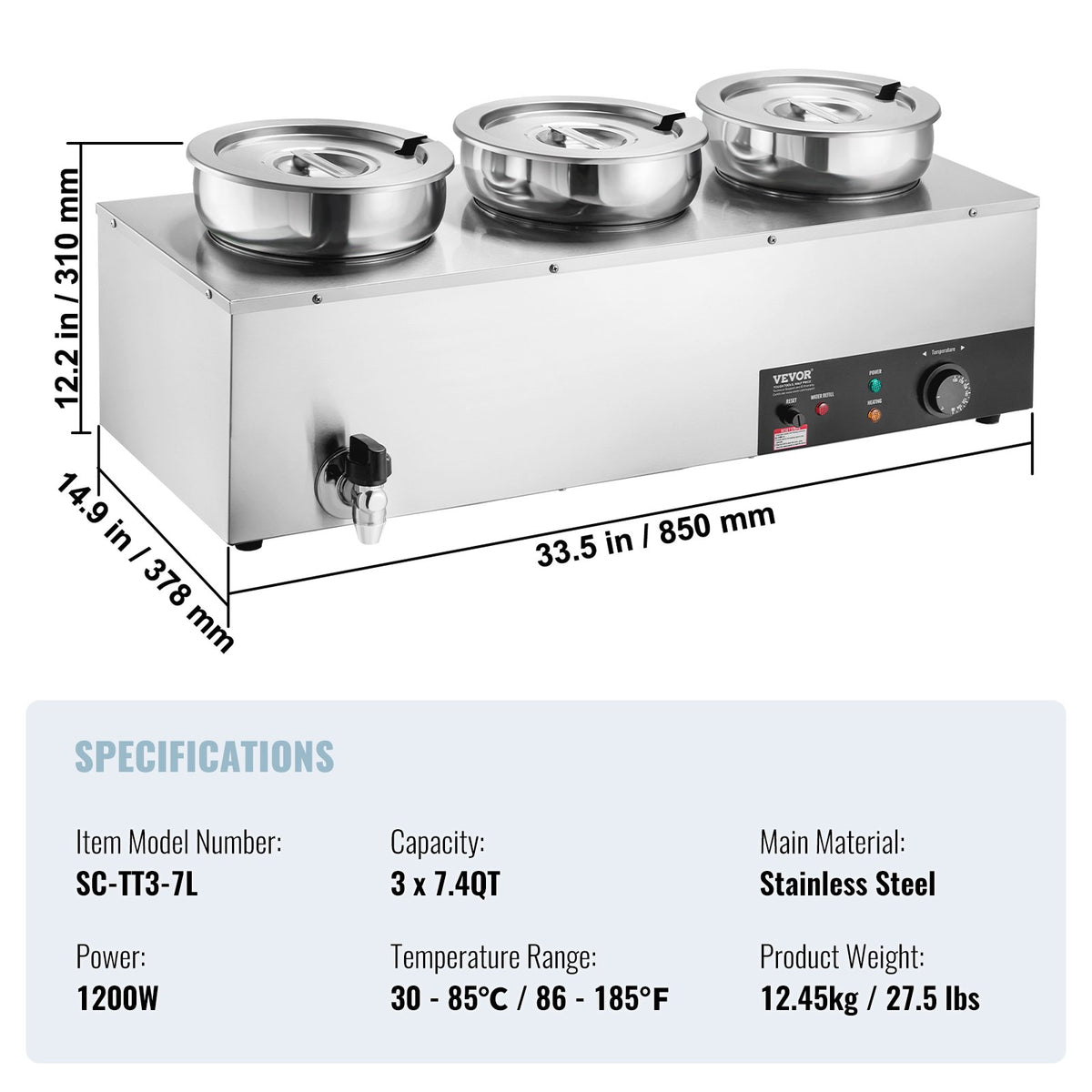 Electric Soup Warmer, Three 7.4QT Stainless Steel Round Pot, 1200W Commercial Food Warmer, 30 - 85 degrees C V952-BW3374QT1200W47W6V3