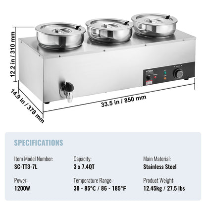 Electric Soup Warmer, Three 7.4QT Stainless Steel Round Pot, 1200W Commercial Food Warmer, 30 - 85 degrees C V952-BW3374QT1200W47W6V3