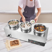 Electric Soup Warmer, Three 7.4QT Stainless Steel Round Pot, 1200W Commercial Food Warmer, 30 - 85 degrees C V952-BW3374QT1200W47W6V3