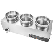 Electric Soup Warmer, Three 7.4QT Stainless Steel Round Pot, 1200W Commercial Food Warmer, 30 - 85 degrees C V952-BW3374QT1200W47W6V3