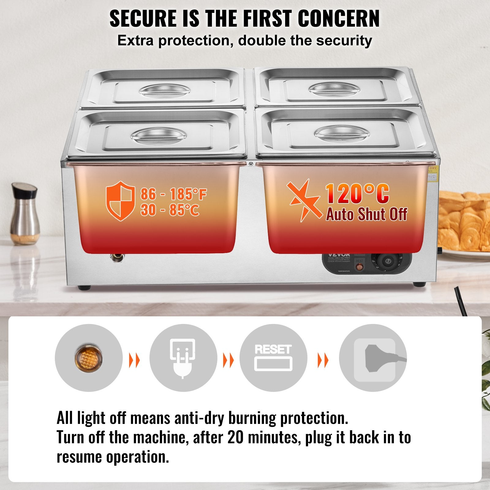 Commercial Electric Food Warmer Countertop Buffet 4*12 Qt Pan Bain Marie V952-BW4412QT1200W2SZRV3