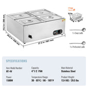 Commercial Electric Food Warmer Countertop Buffet 4*12 Qt Pan Bain Marie V952-BW4412QT1200W2SZRV3