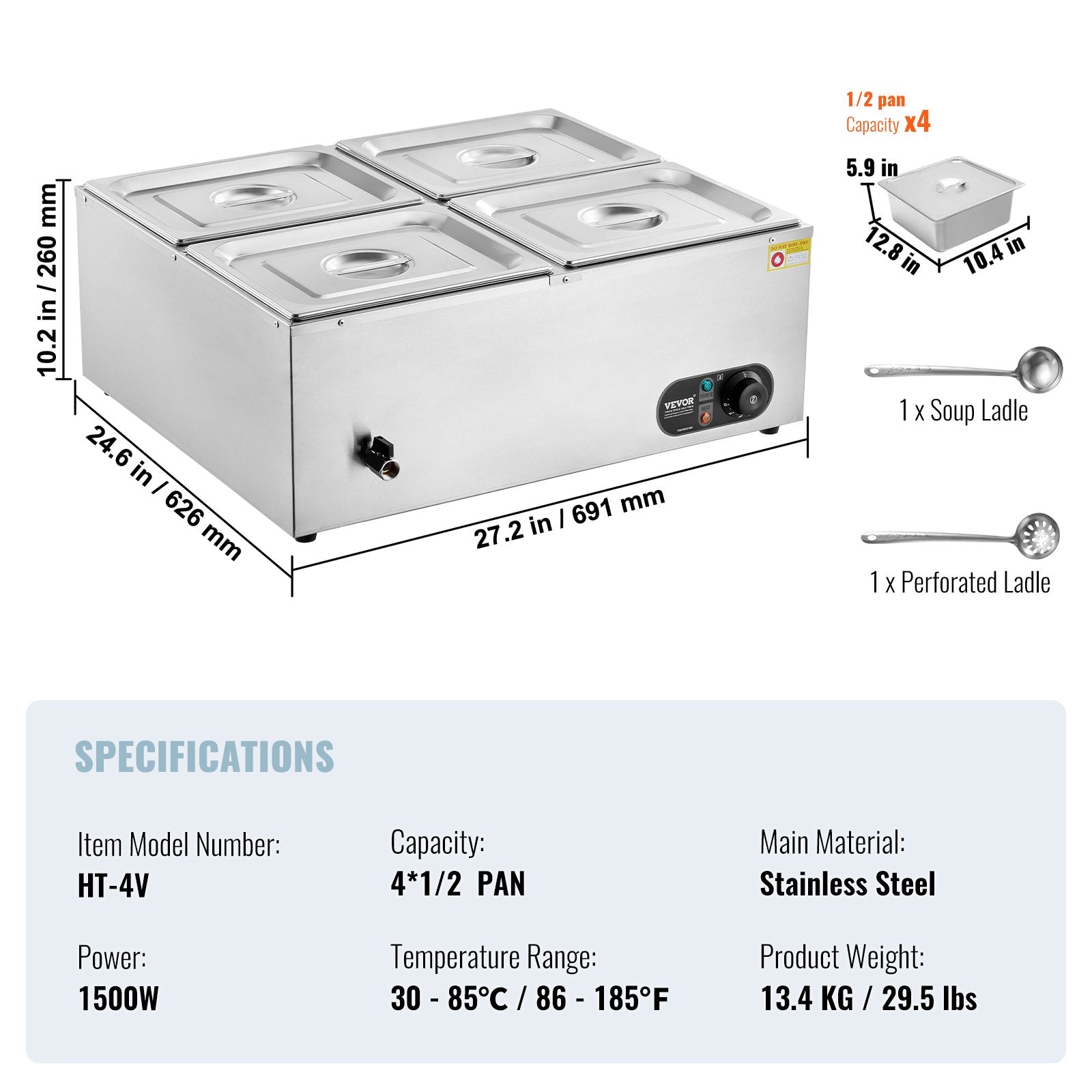 Commercial Electric Food Warmer Countertop Buffet 4*12 Qt Pan Bain Marie V952-BW4412QT1200W2SZRV3