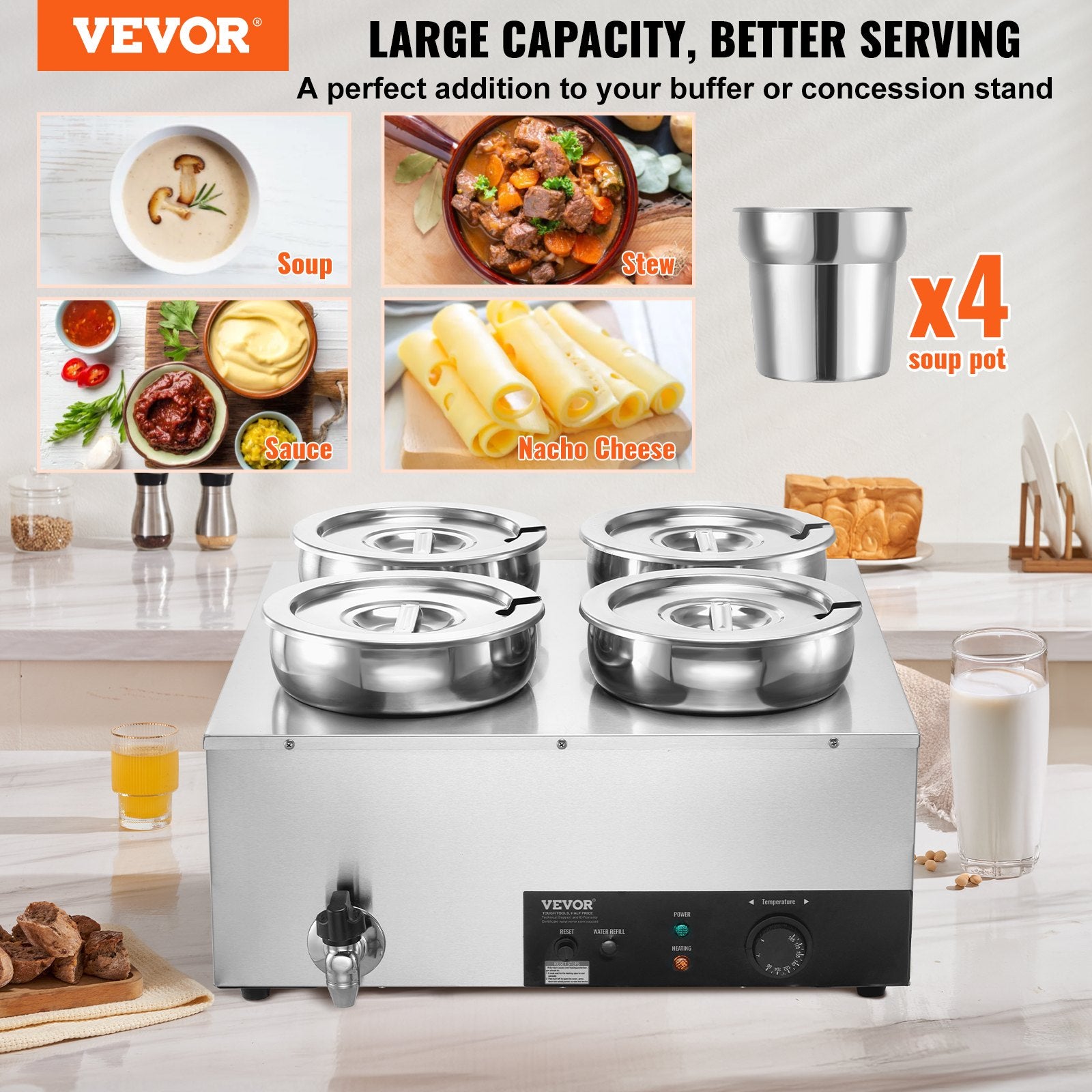 Commercial Soup Warmer Soup Station with 4*7.4Qt Pot Soup Kettle Warmer V952-BW474QT1500W4FX59V3