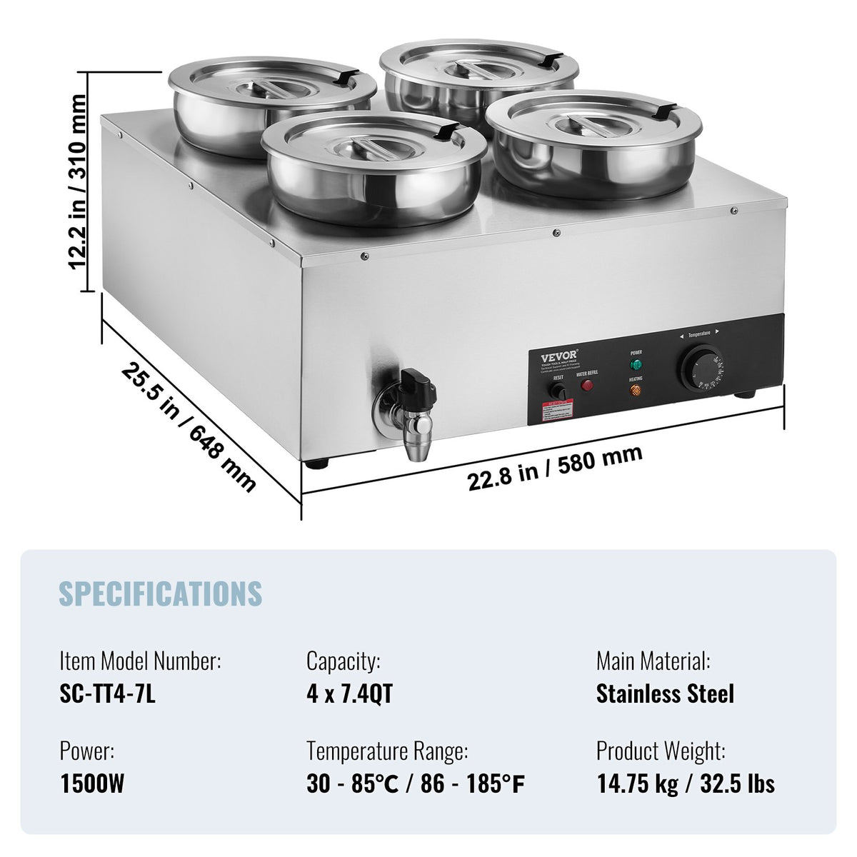 Commercial Soup Warmer Soup Station with 4*7.4Qt Pot Soup Kettle Warmer V952-BW474QT1500W4FX59V3