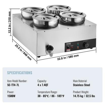 Commercial Soup Warmer Soup Station with 4*7.4Qt Pot Soup Kettle Warmer V952-BW474QT1500W4FX59V3