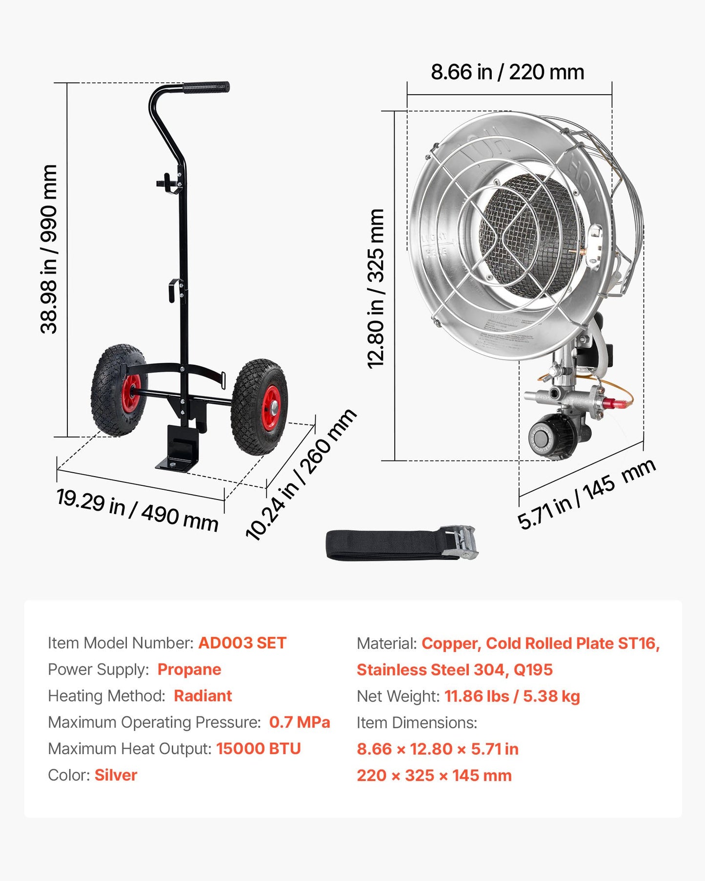 Propane Tank Top Heater with Portable Trolley, 15000 BTU Rapid Heating 180-Degree Infrared Radiant Tank Top V952-BWGDJRQBWGTCMP69D001V0