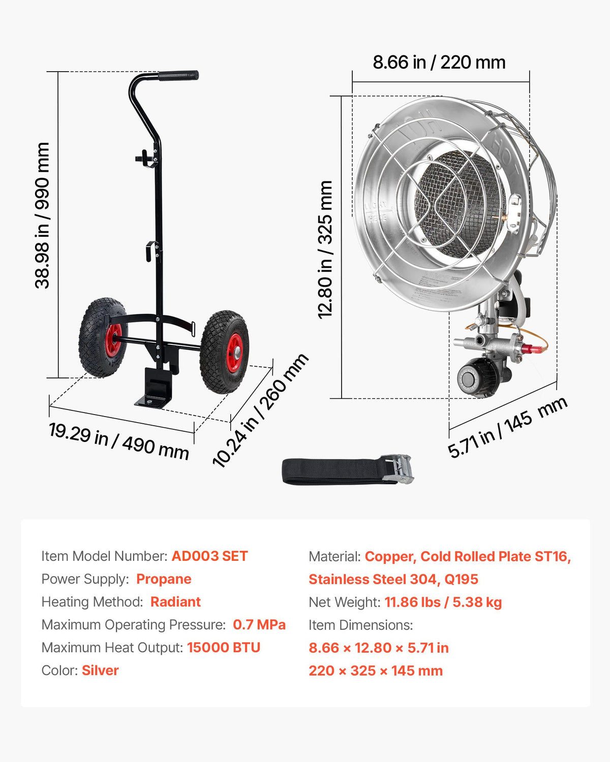 Propane Tank Top Heater with Portable Trolley, 15000 BTU Rapid Heating 180-Degree Infrared Radiant Tank Top V952-BWGDJRQBWGTCMP69D001V0
