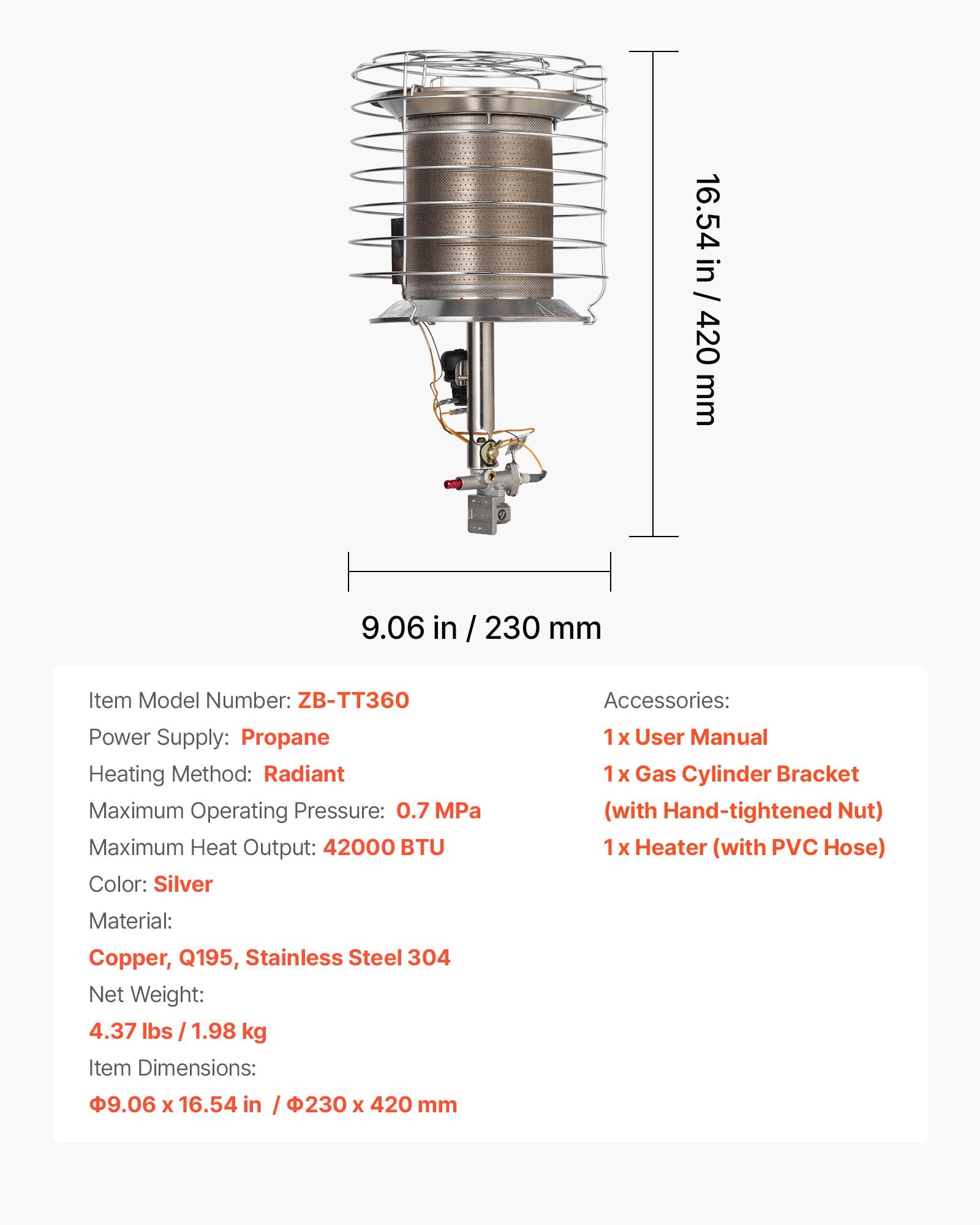 Propane Tank Top Heater, 42000 BTU Rapid Heating 360-Degree Infrared Radiant Tank Top Gas Heater, Stepless V952-BWGDJRQDFRQDTZBEJ001V0