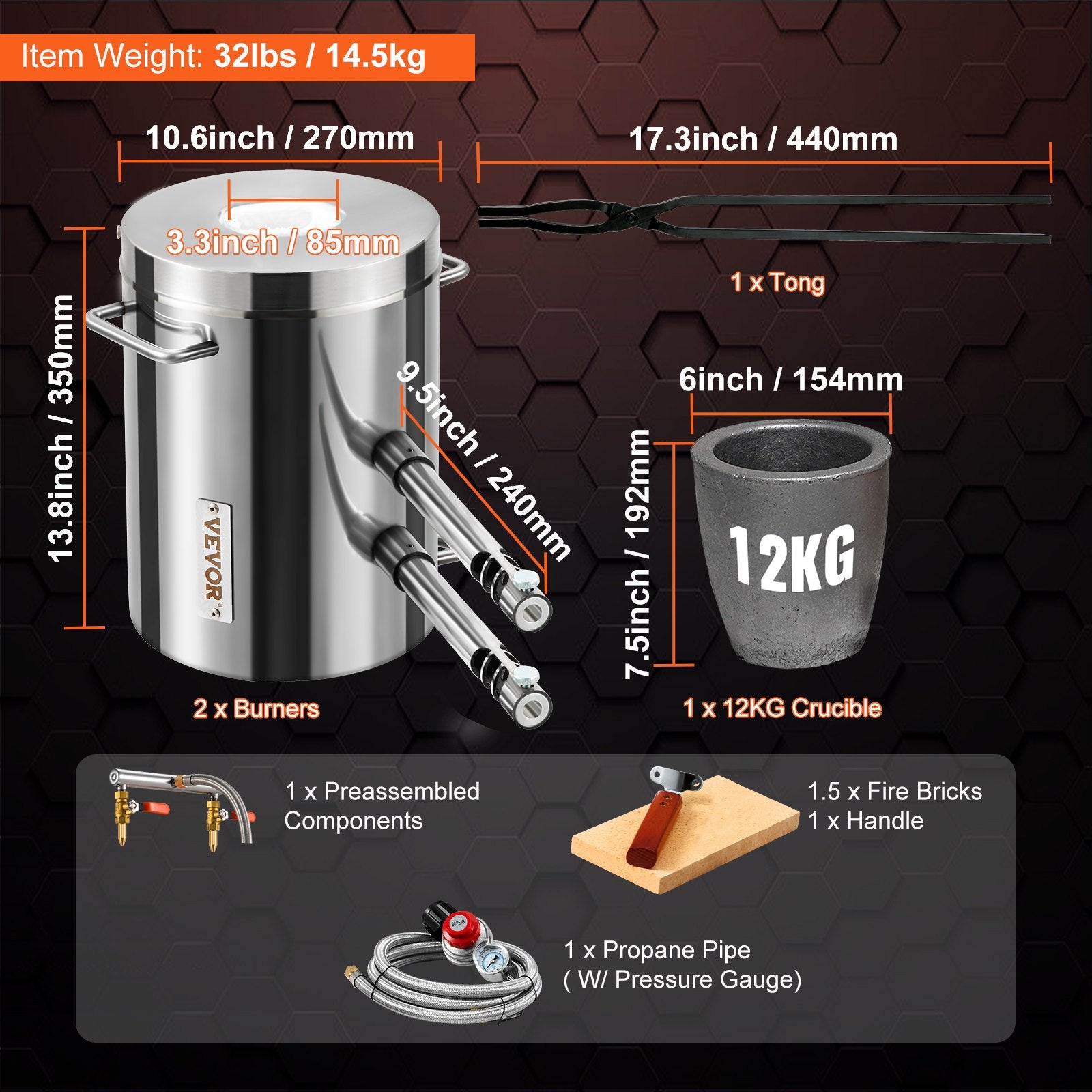 12KG Propane Smelting Furnace Kit Melting Furnace Double Burners 2700 degrees F V952-BWRJLGMA12KG2W54OV0