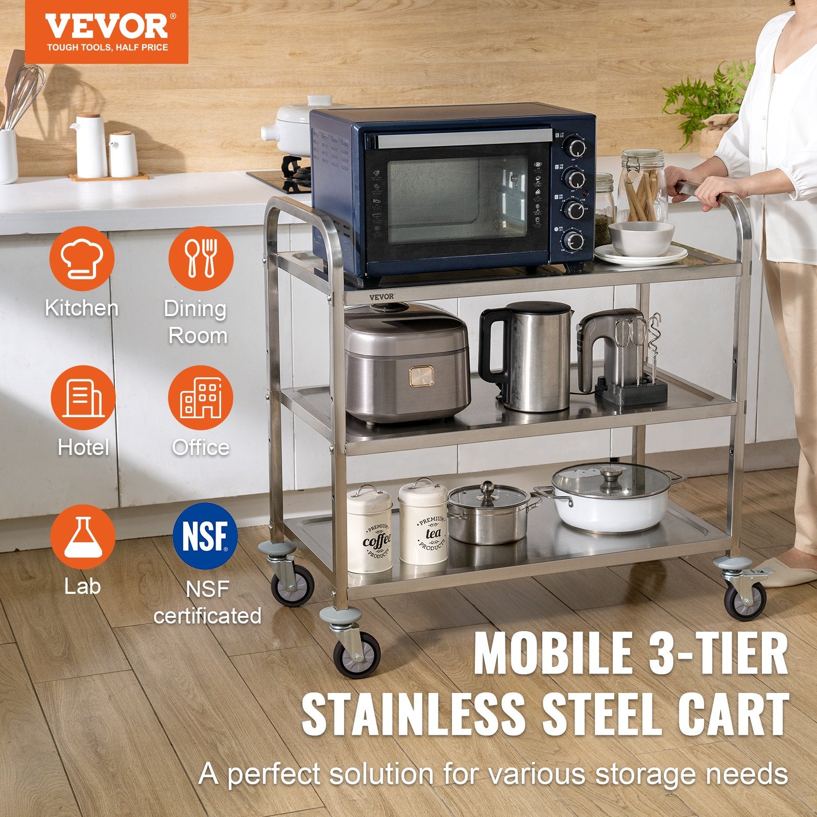 3-Tier Utility Cart Rolling Cart on Wheels 37.5"x20"x37.7" 450 LBS 6 Hooks V952-BXGCFTCCB374XSWSCV0