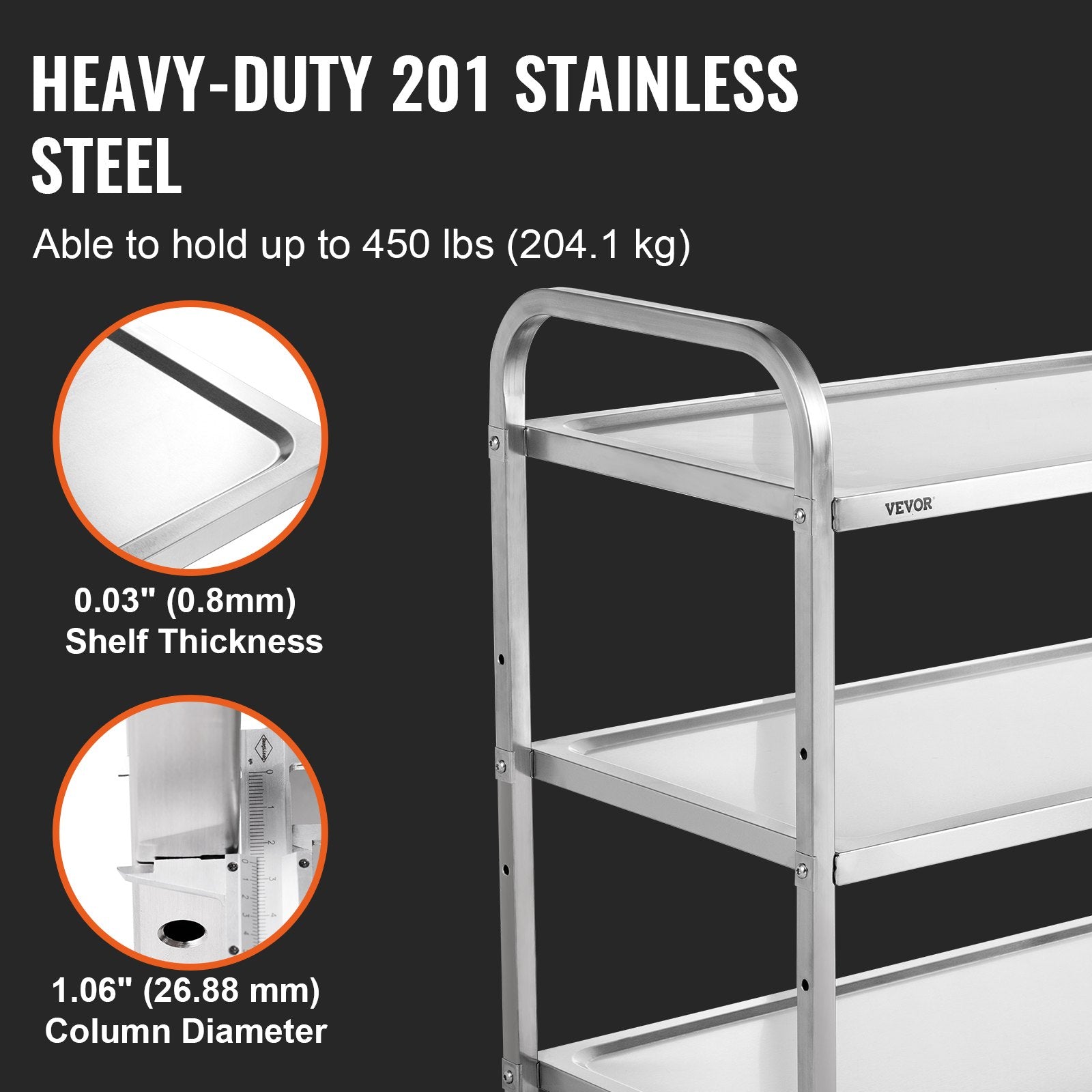 3-Tier Utility Cart Rolling Cart on Wheels 37.5"x20"x37.7" 450 LBS 6 Hooks V952-BXGCFTCCB374XSWSCV0