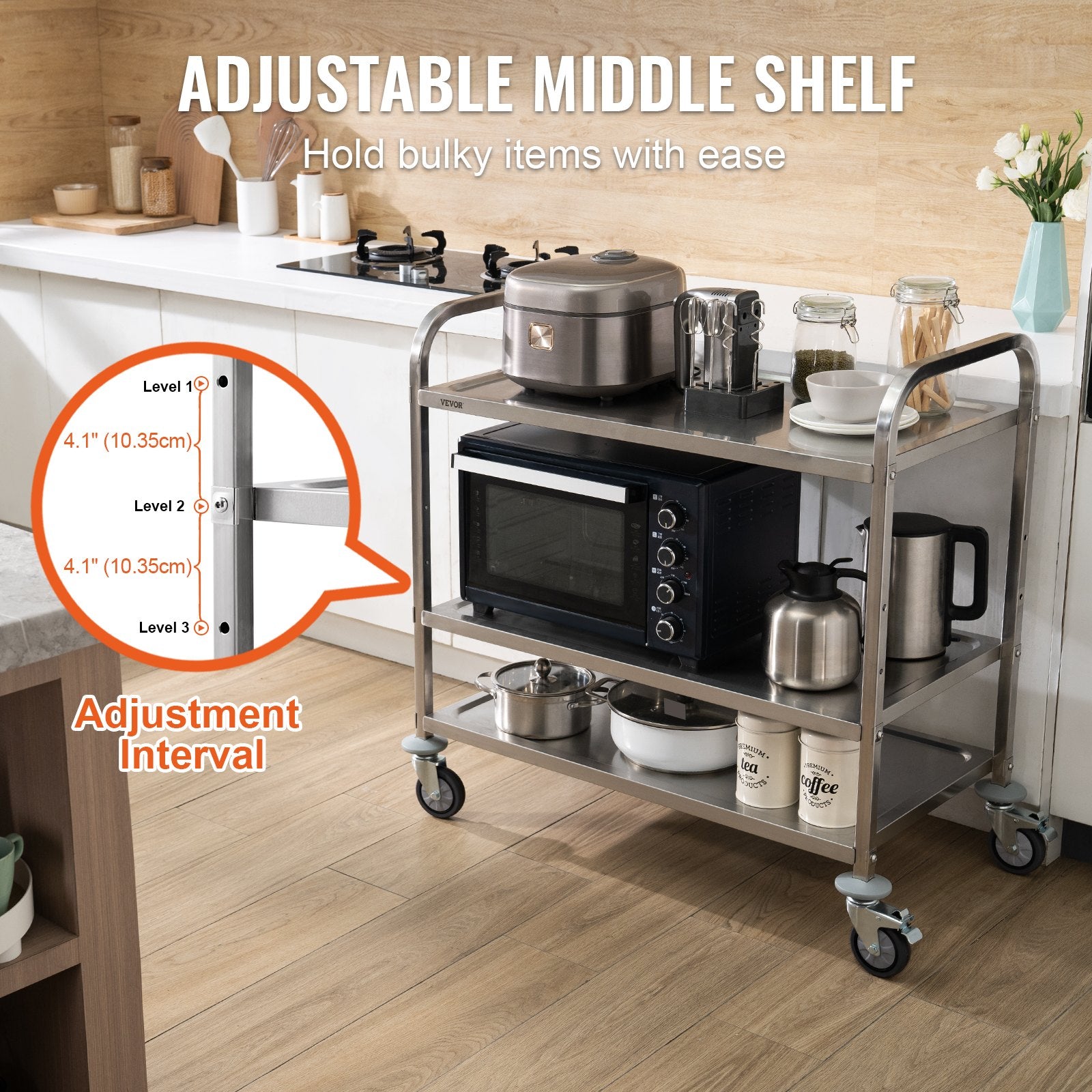 3-Tier Utility Cart Rolling Cart on Wheels 37.5"x20"x37.7" 450 LBS 6 Hooks V952-BXGCFTCCB374XSWSCV0