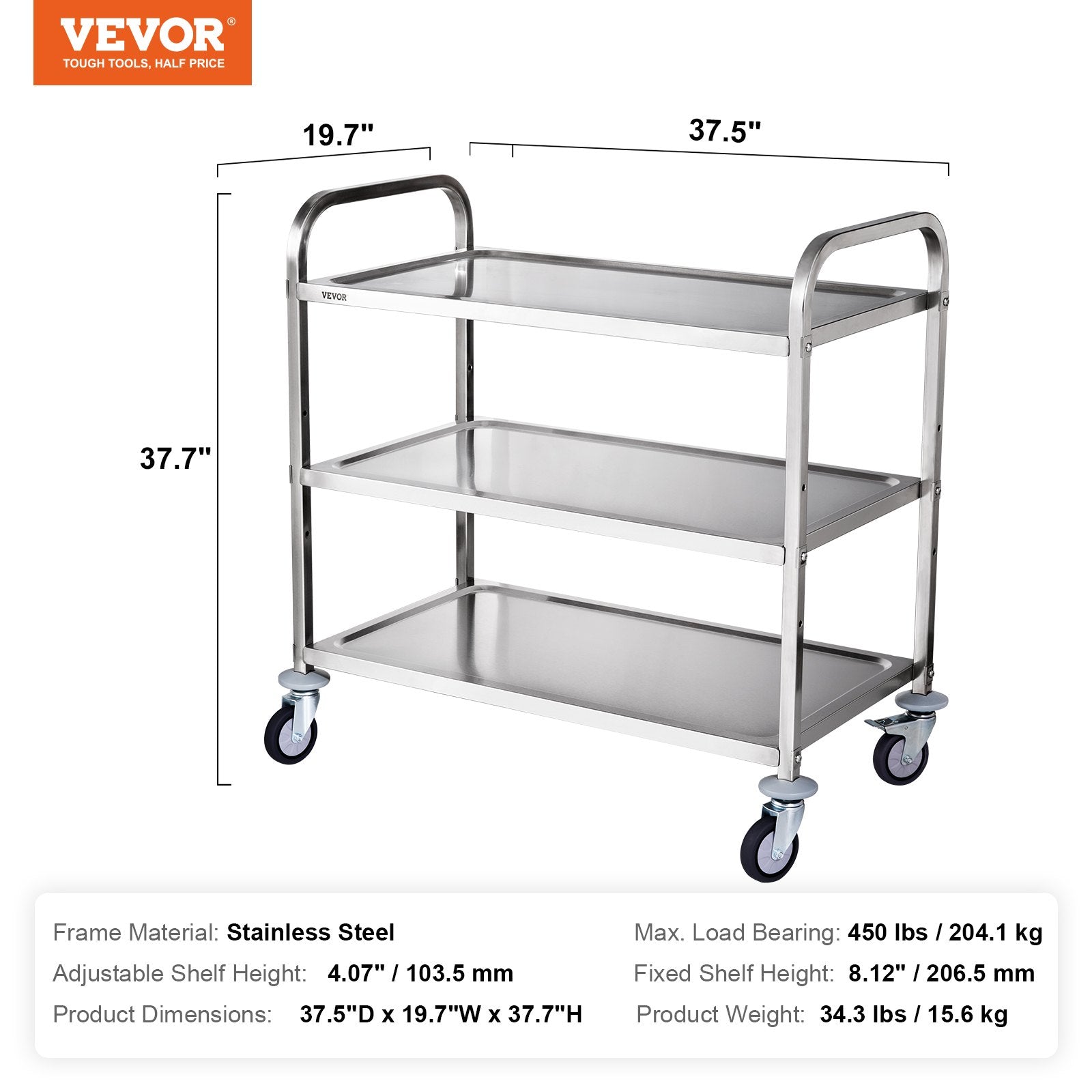 3-Tier Utility Cart Rolling Cart on Wheels 37.5"x20"x37.7" 450 LBS 6 Hooks V952-BXGCFTCCB374XSWSCV0