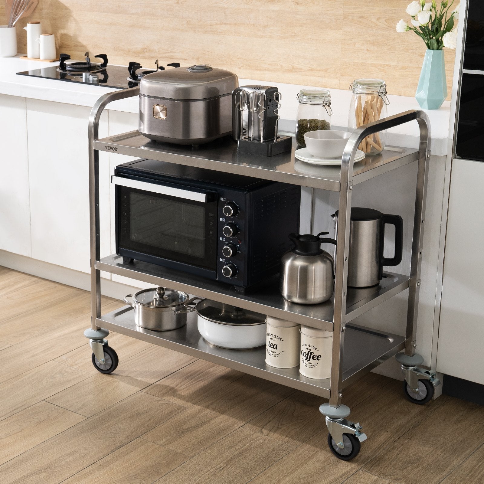 3-Tier Utility Cart Rolling Cart on Wheels 37.5"x20"x37.7" 450 LBS 6 Hooks V952-BXGCFTCCB374XSWSCV0