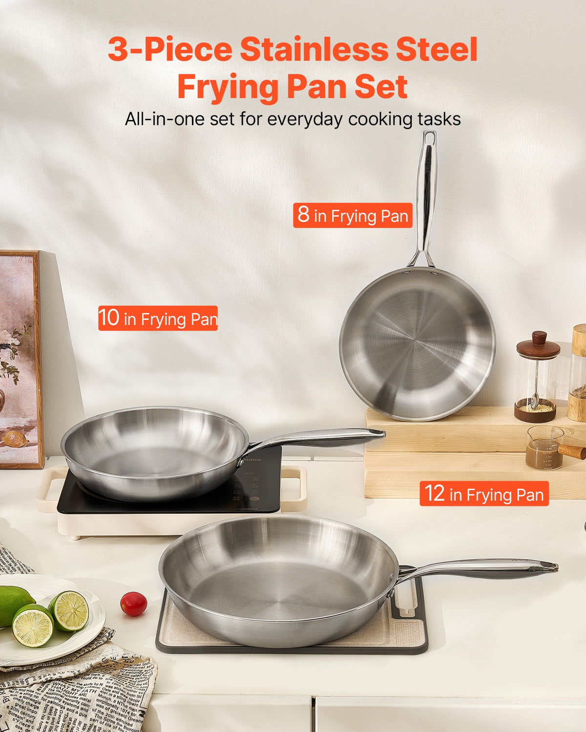 Tri-Ply Stainless Steel Frying Pan, 3 Piece (240, 280, 320 mm), Cooking Skillet with Heat-Resistant Handle, V952-BXGCGSJTBXG8CNBK6001V0